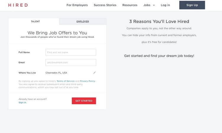 Hired's landing page