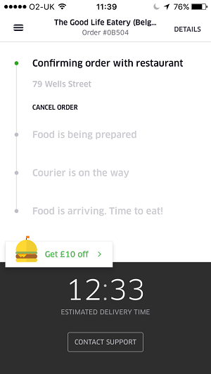 Uber Eats status update