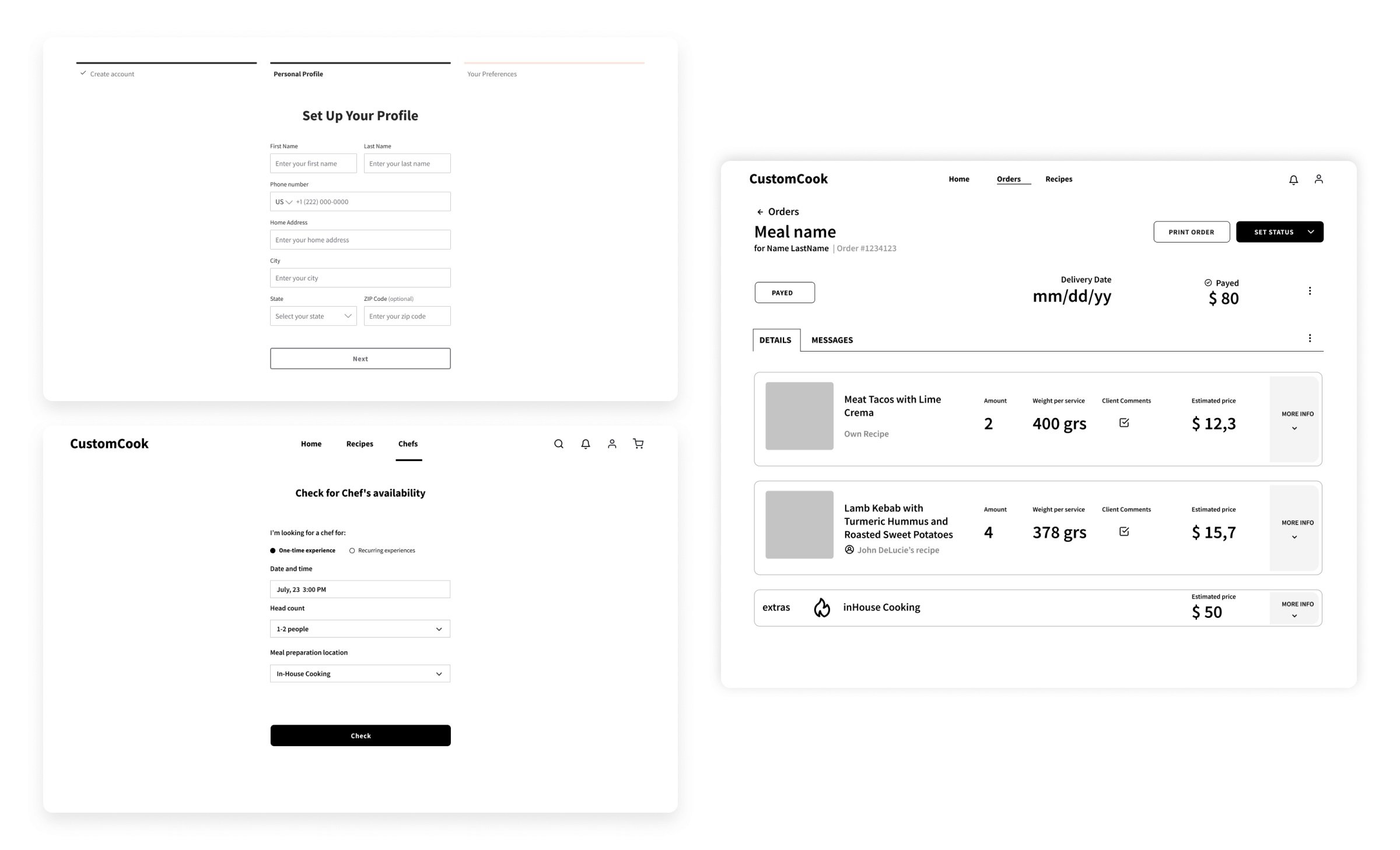 Custom Cook Wireframes