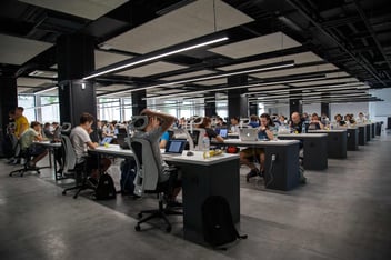 rows of developers with laptops